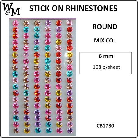 W&M Stick-On Rhinestones Mixed Colours 6mm