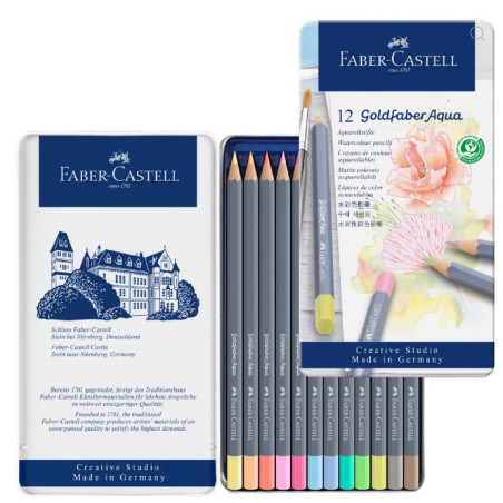Faber Castell Goldfaber Aqua Watercolor Pencils, Pastels - Tin of 12