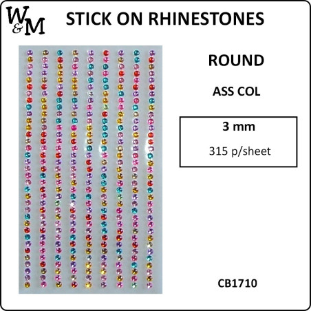 W&M Stick-On Rhinestones Mixed Colours 3mm