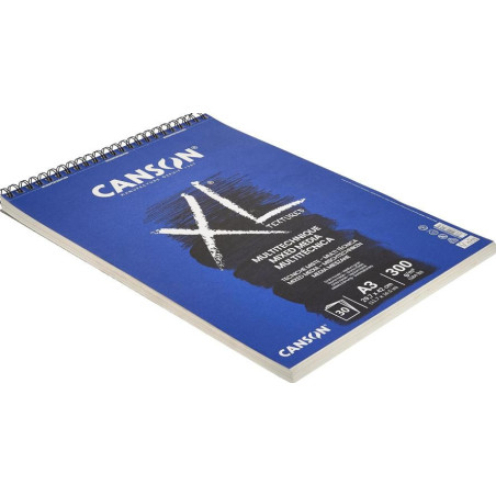 CANSON XL Textured Mixed Media 300gsm A3 Paper, Medium Grain, Spiral Pad Short Side, 30 White Sheets
