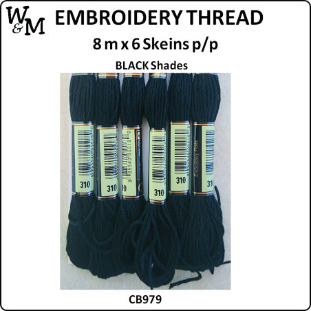 W&M Embroidery Thread BLACK 8m x 6 Skeins