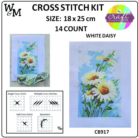 W&M Cross Stitch KIT WHITE DAISY 14ct 18 x 25cm