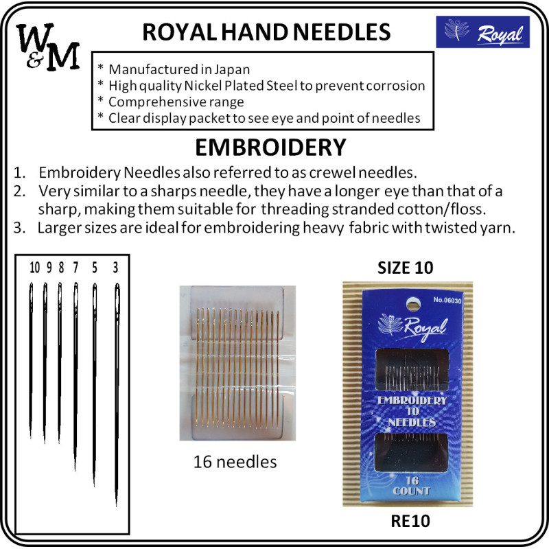ROYAL Hand Needles EMBROIDERY Size 10