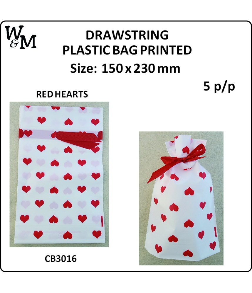 W&M D/String P/Bag Printed RED HEARTS 150x230mm 5 p/p