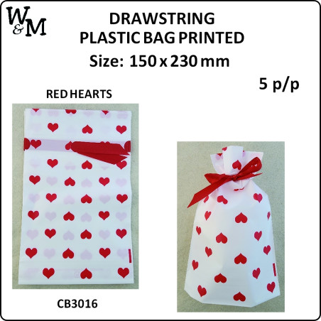 W&M D/String P/Bag Printed RED HEARTS 150x230mm 5 p/p