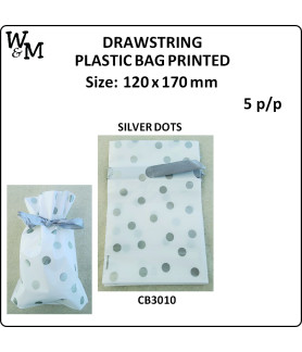 W&M D/String P/Bag Printed SILVER DOTS 120x170mm 5 p/p