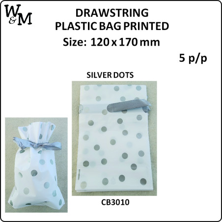 W&M D/String P/Bag Printed SILVER DOTS 120x170mm 5 p/p