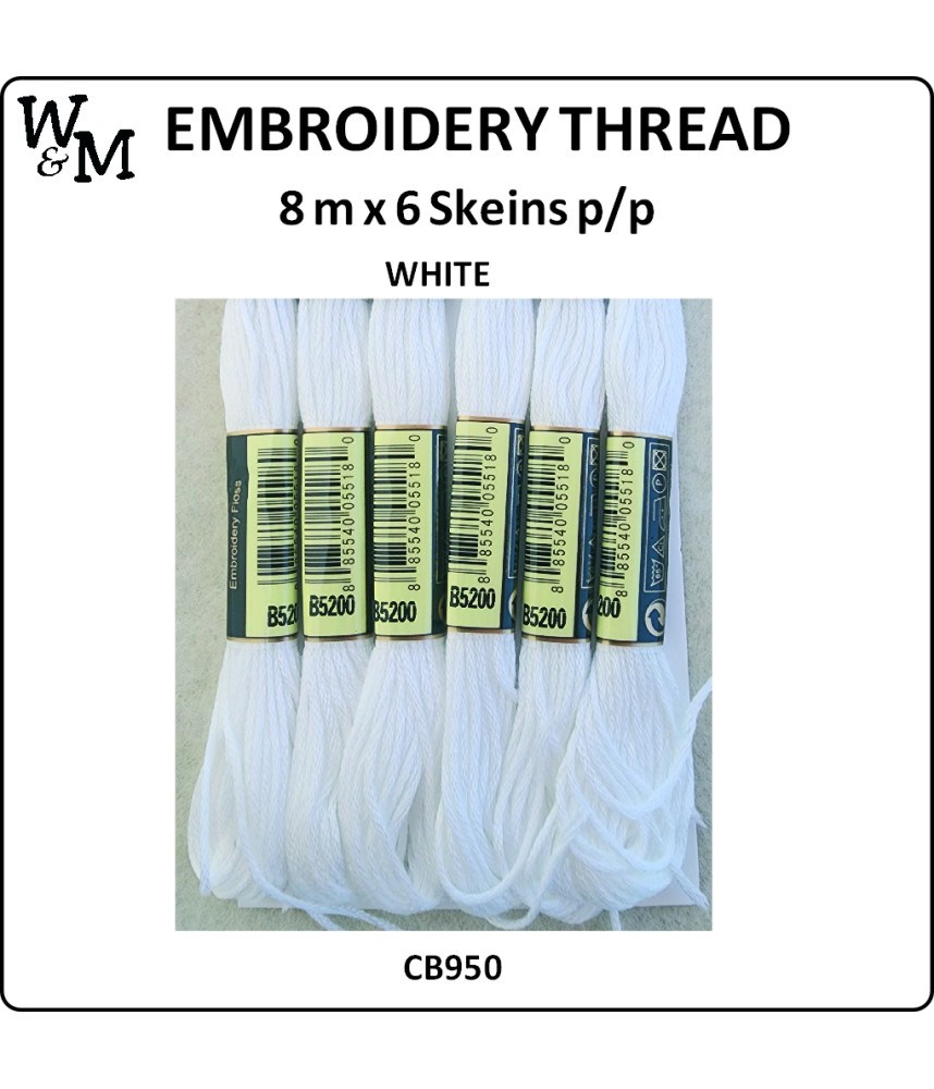 W&M Embroidery Thread WHITE 8m x 6 Skeins