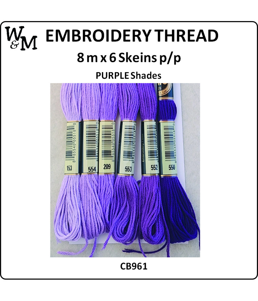 W&M Embroidery Thread PURPLE Shades 8m 6 x Skeins