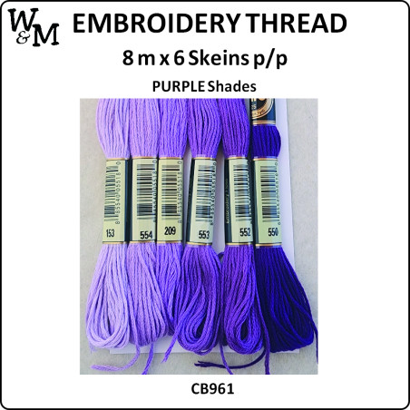 W&M Embroidery Thread PURPLE Shades 8m 6 x Skeins