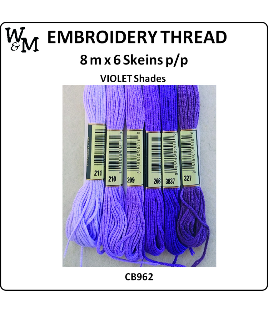 W&M Embroidery Thread VIOLET Shades 8m x 6 Skeins