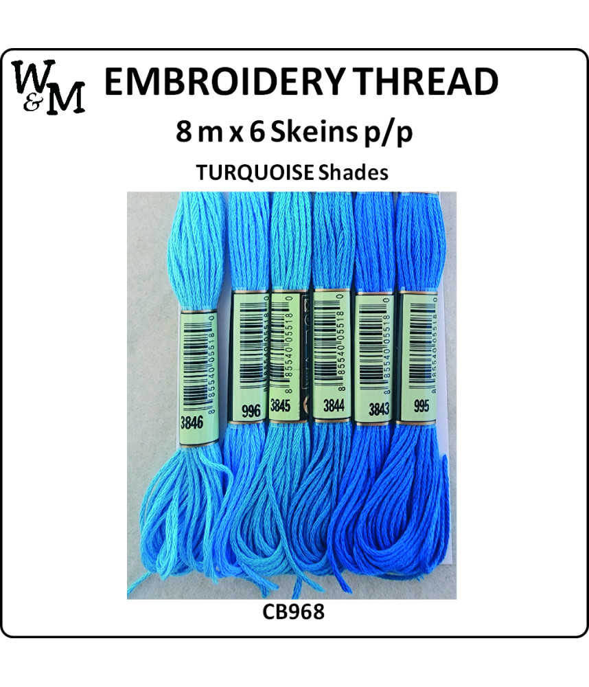 W&M Embroidery Thread TURQUOISE Shades 8m x 6 Skeins