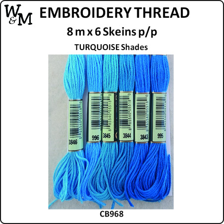 W&M Embroidery Thread TURQUOISE Shades 8m x 6 Skeins