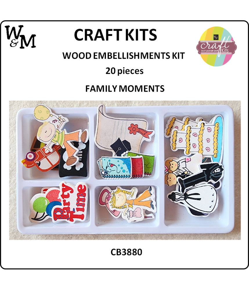 W&M Kit Wood Embellishments FAMILY MOMENTS x 20 pcs