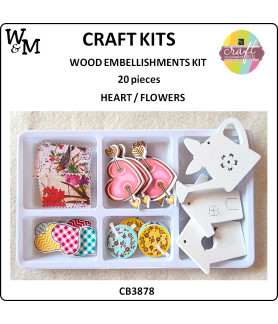 W&M Kit Wood Embellishments HEART/FLOWERS x 20 pcs