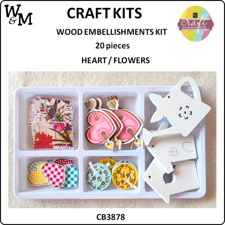 W&M Kit Wood Embellishments HEART/FLOWERS x 20 pcs