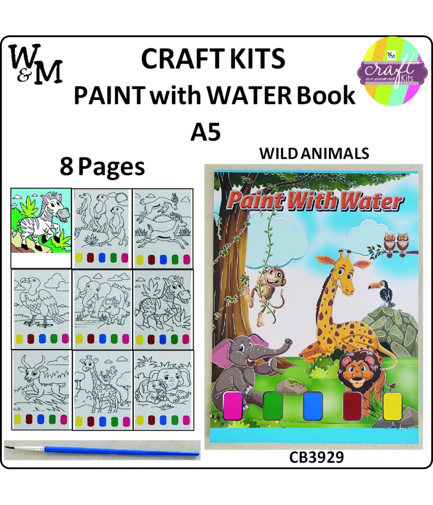 W&M Craft Kit PAINT w WATER Book WILD ANIMALS 8 Pg A5