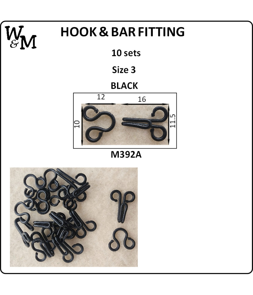W&M Hook & Bar Fitting SIZE 3 BLACK 10 sets