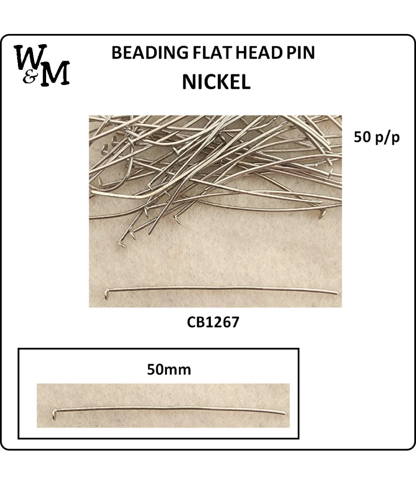 W&M BEADING FLAT HEAD PIN 50mm Nickel 50 p/pack