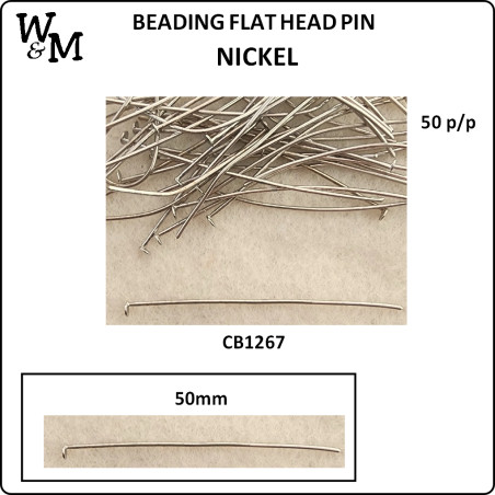 W&M BEADING FLAT HEAD PIN 50mm Nickel 50 p/pack