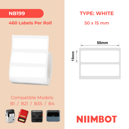 NIIMBOT - B1 / B21 / B3S / B4 - T50X15MM/2R - 460 Lables Per Roll - White