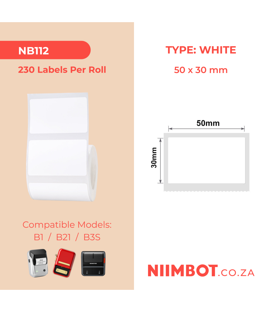 NIIMBOT - B1 / B21 / B3S / B4 - T50X30MM - 230 Lables Per RolL - White