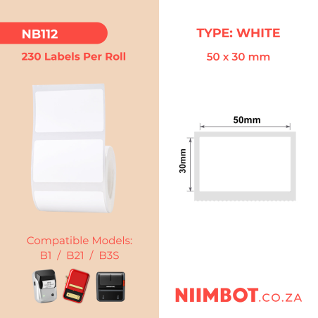 NIIMBOT - B1 / B21 / B3S / B4 - T50X30MM - 230 Lables Per RolL - White