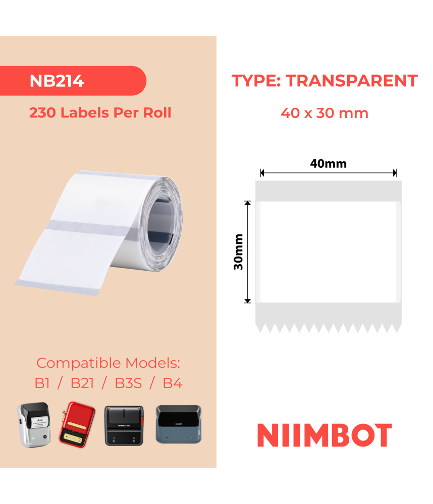 NIIMBOT - B1 / B21 / B3S / B4 - TT40X30MM - 230 Lables Per Roll-Transparent