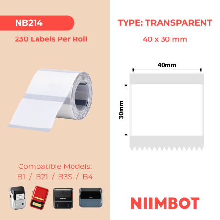 NIIMBOT - B1 / B21 / B3S / B4 - TT40X30MM - 230 Lables Per Roll-Transparent