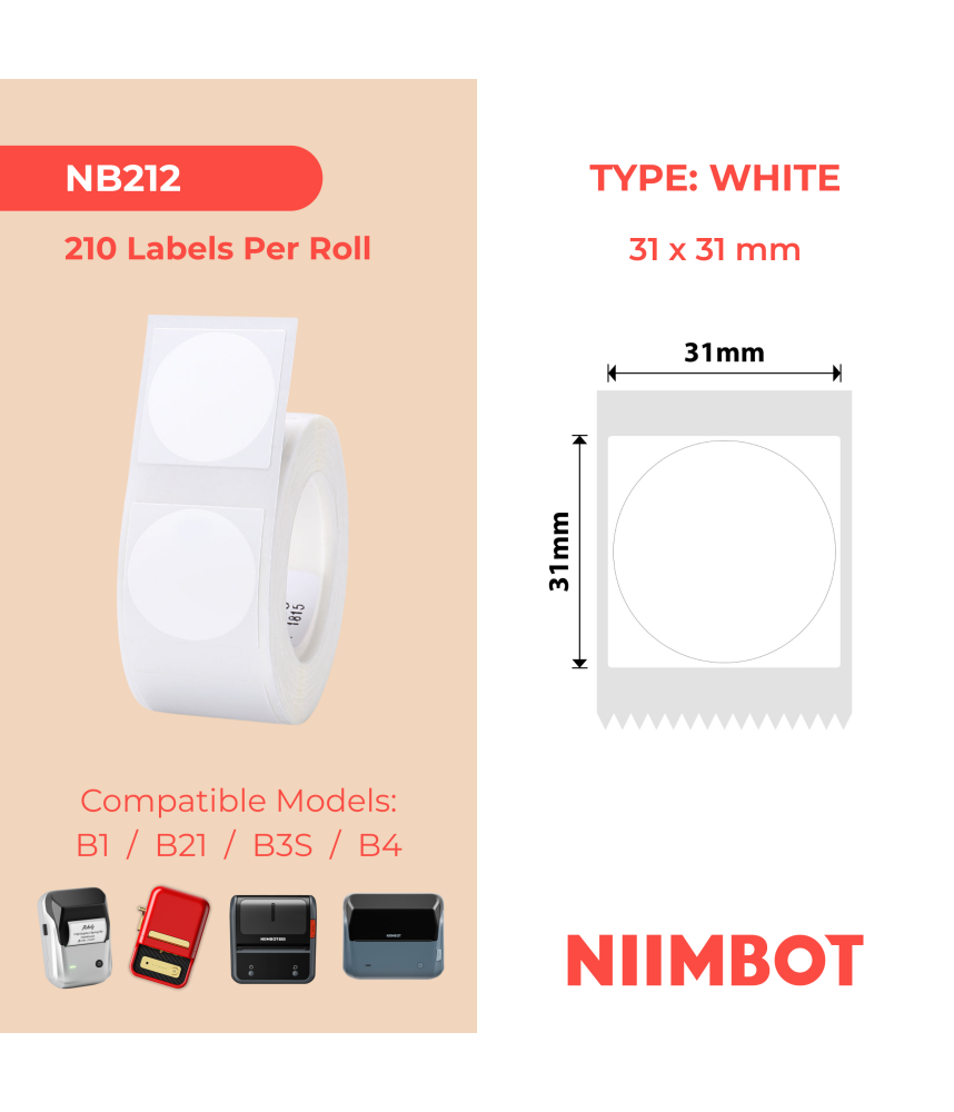 NIIMBOT - B1 / B21 / B3S / B4 - 31X31MM - Round - 210 Lables Per Roll - White