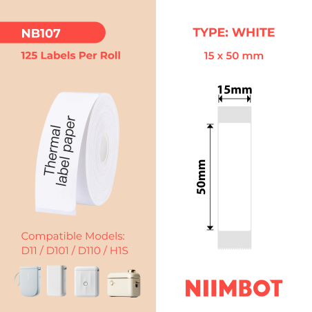 NIIMBOT - D11 / D101 / D110 / H1S - T12X40MM - 125 Lables Per Roll - White