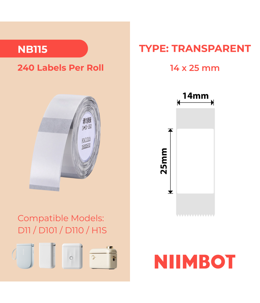 NIIMBOT - D11 / D101 / D110 / H1S - 14X25MM - 240 Lables Per Roll -Transparent