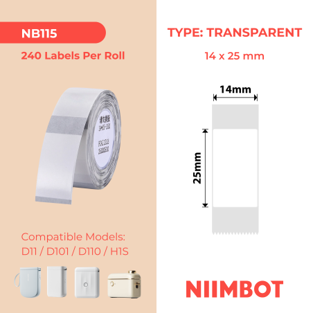 NIIMBOT - D11 / D101 / D110 / H1S - 14X25MM - 240 Lables Per Roll -Transparent