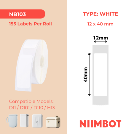 NIIMBOT - D11 / D101 / D110 / H1S - T12X40MM - 155 Lables Per Roll - White