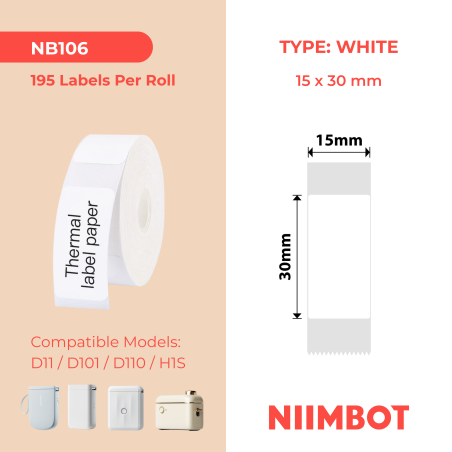 NIIMBOT - D11 / D101 / D110 / H1S - T12X40MM - 195 Lables Per Roll - White