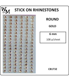 W&M R/Stones Round Stick-On Gold 6mm