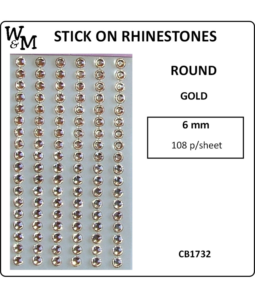 W&M R/Stones Round Stick-On Gold 6mm