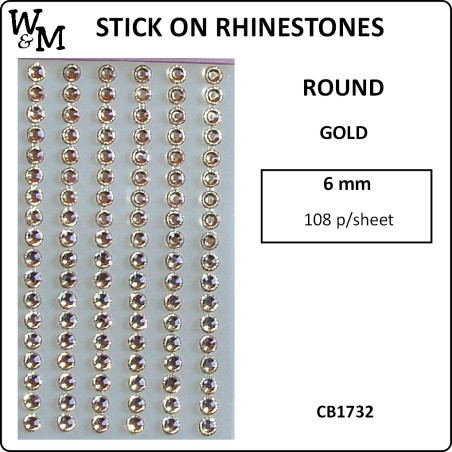 W&M R/Stones Round Stick-On Gold 6mm