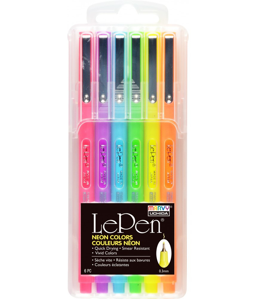 Marvy Uchida Le Pen Neon 6Pcs 0.3mm pen set in solid case