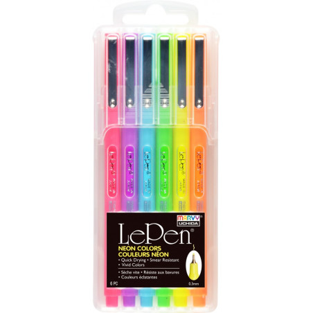 Marvy Uchida Le Pen Neon 6Pcs 0.3mm pen set in solid case