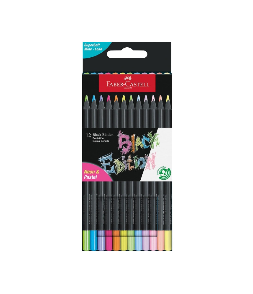 Faber-Castell Black Edition Neon and Pastel Colour Pencils 12Pc
