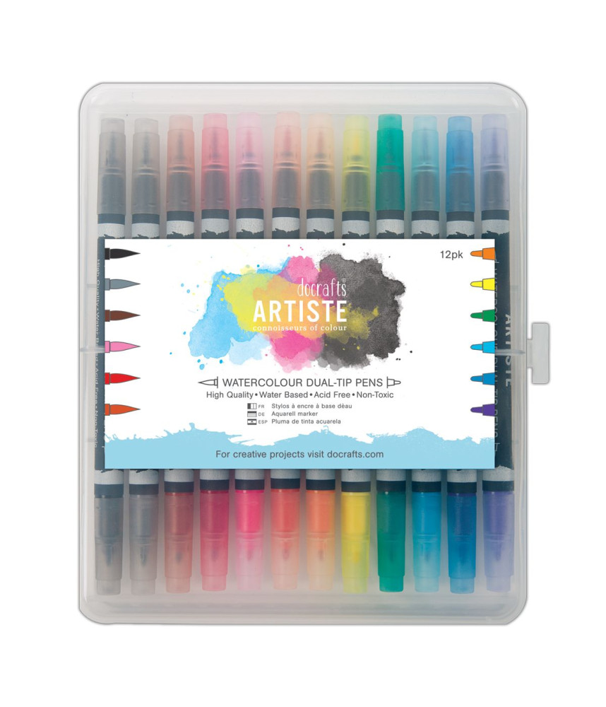 Docraft Artiste Dual Tip Pens - Brush & Marker (12 Pack) - Watercolour