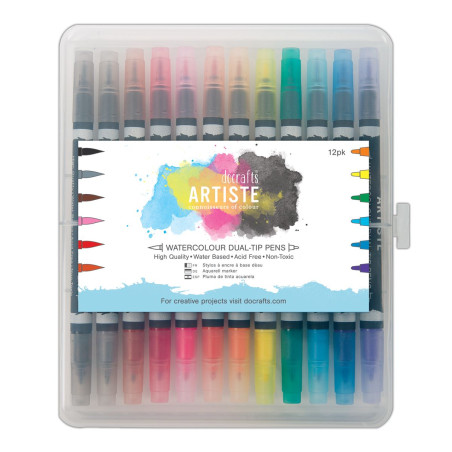 Docraft Artiste Dual Tip Pens - Brush & Marker (12 Pack) - Watercolour