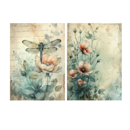 Little Bird - Decoupage Paper Dragonfly Blossom 70gsm A4 size 2design 4 sheets