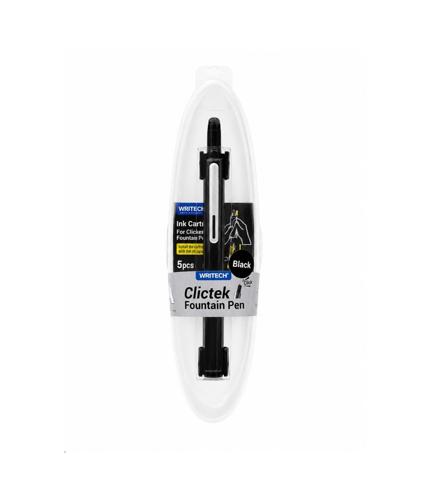 Writech Fountain Pen Clictec Fine Nib Black Ink + 5 Cartridges Black