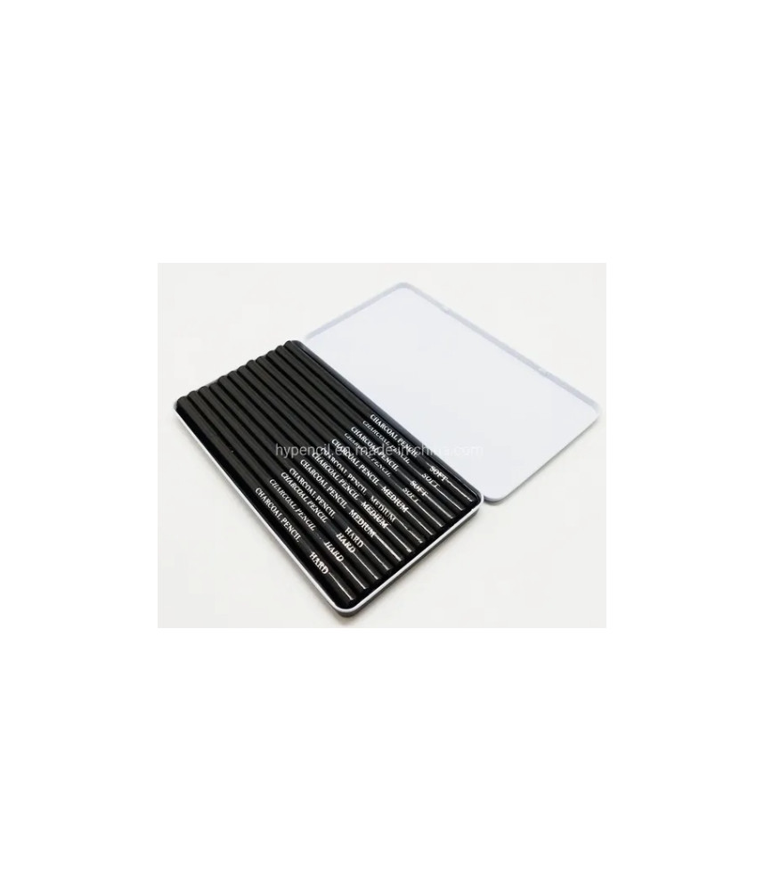 SinoArt Charcoal Pencil in Tin Box Set 12Pc Black 4 x Hard, 4 x Medium, 4 x Soft