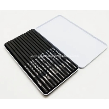 SinoArt Charcoal Pencil in Tin Box Set 12Pc Black 4 x Hard, 4 x Medium, 4 x Soft