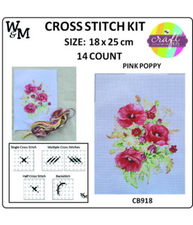 W&M Cross Stitch KIT PINK POPPY 14ct18 x 25cm