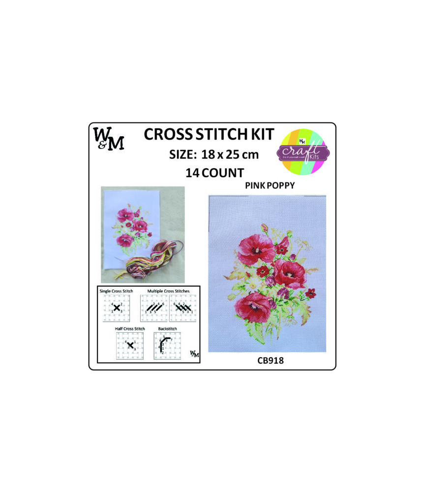 W&M Cross Stitch KIT PINK POPPY 14ct18 x 25cm