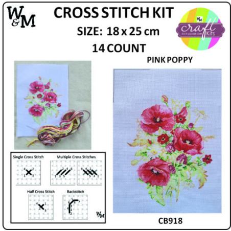 W&M Cross Stitch KIT PINK POPPY 14ct18 x 25cm